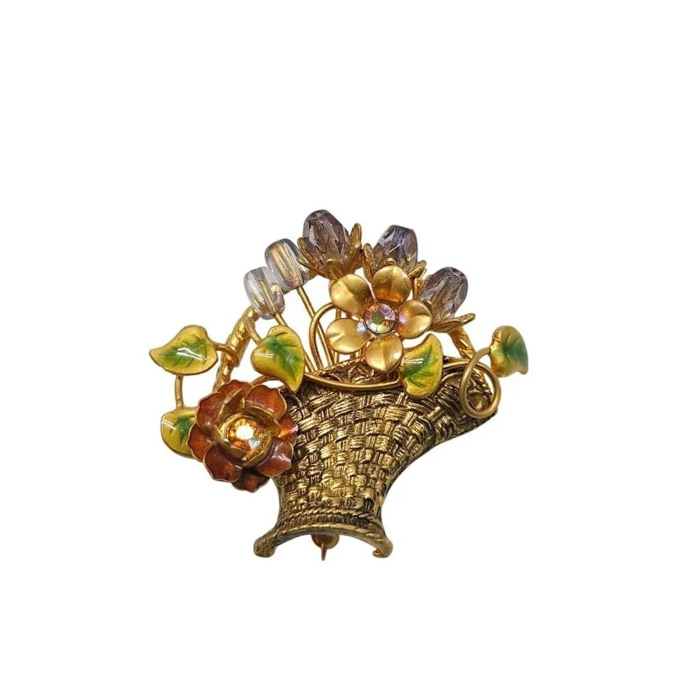 Vintage Floral Basket Brooch With Rhinestone Accents Enamel Details